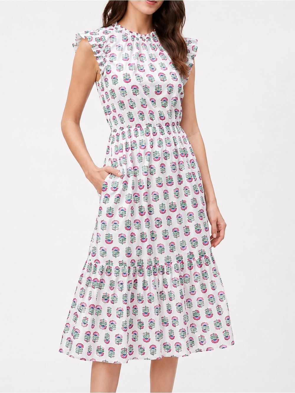 NWT J. Crew Ruffle Trim Floral Block Print Cotton Dress White Pink Green Size 2